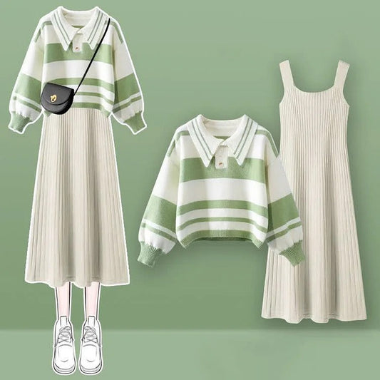 Striped Colorblock Sweater Slip Dress Two Piece Set