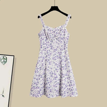Chic V-Neck Cardigan Floral Print Slip Dress Two Piece Set