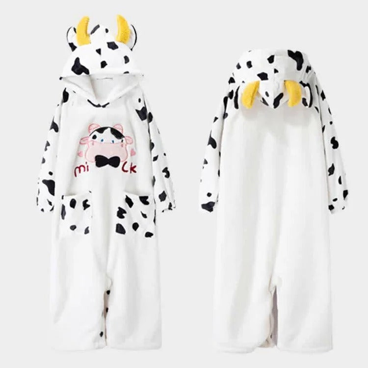 Cartoon Cow Letter Embroidery Pockets Plush Hooded Jumpsuit Pajamas