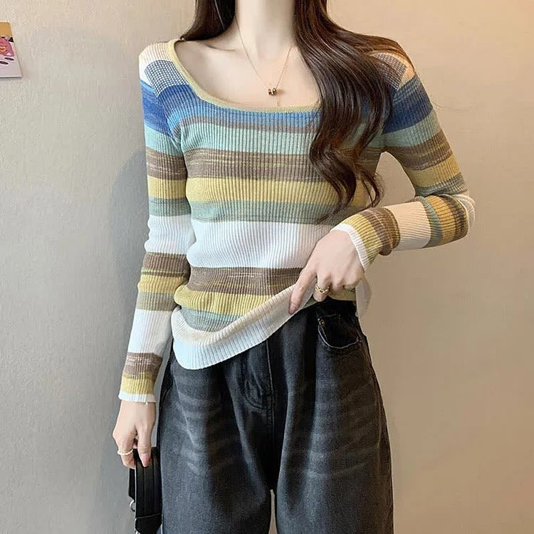 Chic Rainbow Striped Colorblock Pullover Knit Shirt