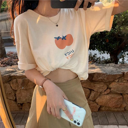 Kawaii Orange Letter Print Casual  T-Shirt