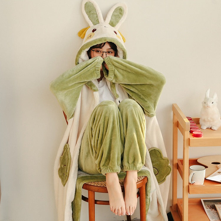 Cartoon Bunny Ears Angel Plush Hooded Pajama Set