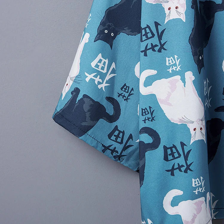 Vintage Cat Letter Print Casual Kimono Outerwear