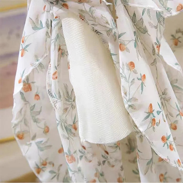 Vintage Floral Print Lace Up Chiffon Shirt High Waist Skirt