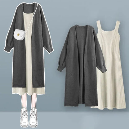 Pure Color Knit Cardigan Outerwear Slip Dress Two Piece Set