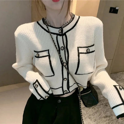Chic Colorblock Pockets Crop Knit Cardigan Sweater