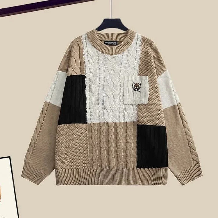 Preppy Bear Knit Sweater Shirt High Waist Denim Pants Three Piece Set