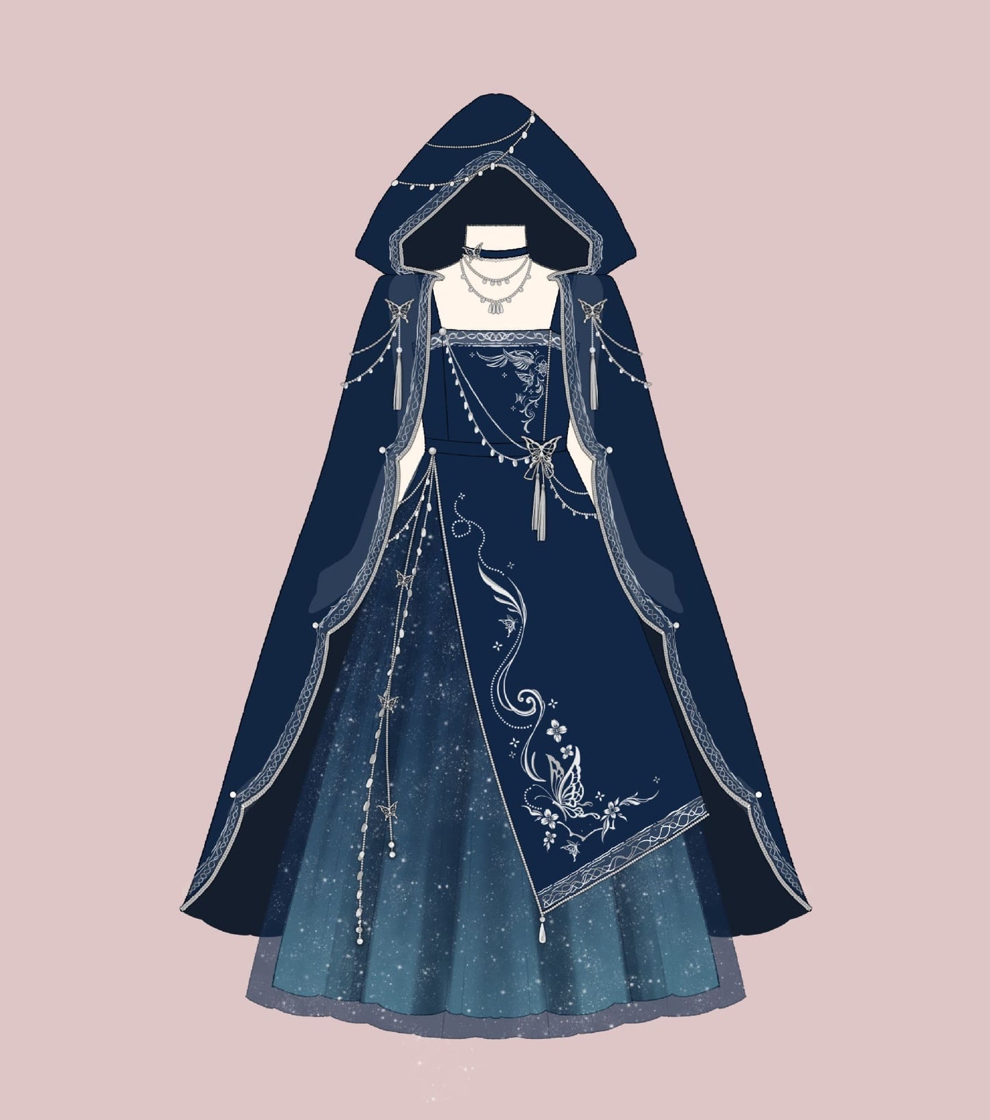 Ancient Hooded Cloak Embroidery Butterfly Tassel Chain Dress