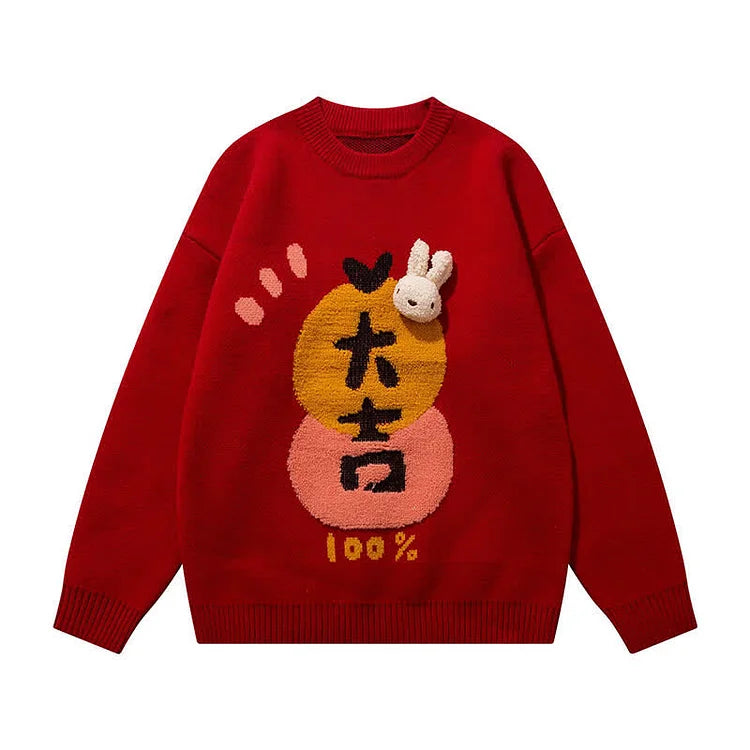 Lucky Bunny Orange Letter Embroidery Knit Sweater