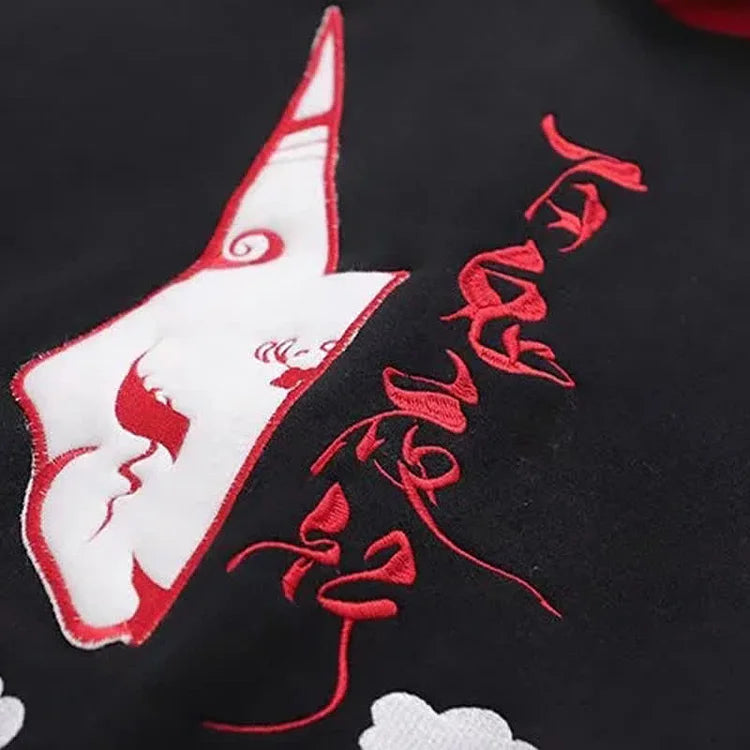 Cartoon Fox Mask Letter Embroidery Colorblock Drawstring Sweatshirt Hoodie