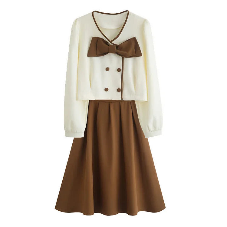 Plus Size Bowknot Double Button Cardigan High Waist Skirt
