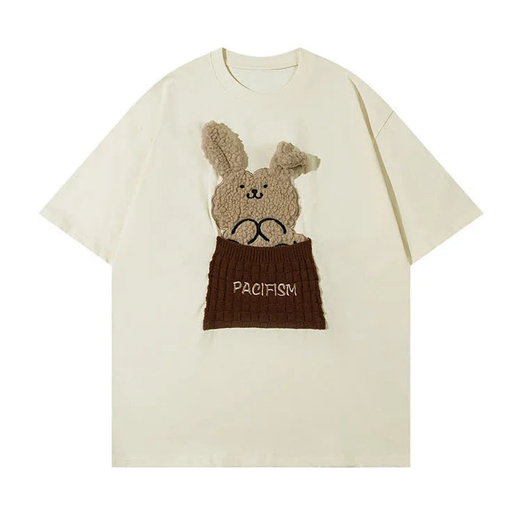 Cartoon Bunny Letter Embroidery Round Neck T-Shirt