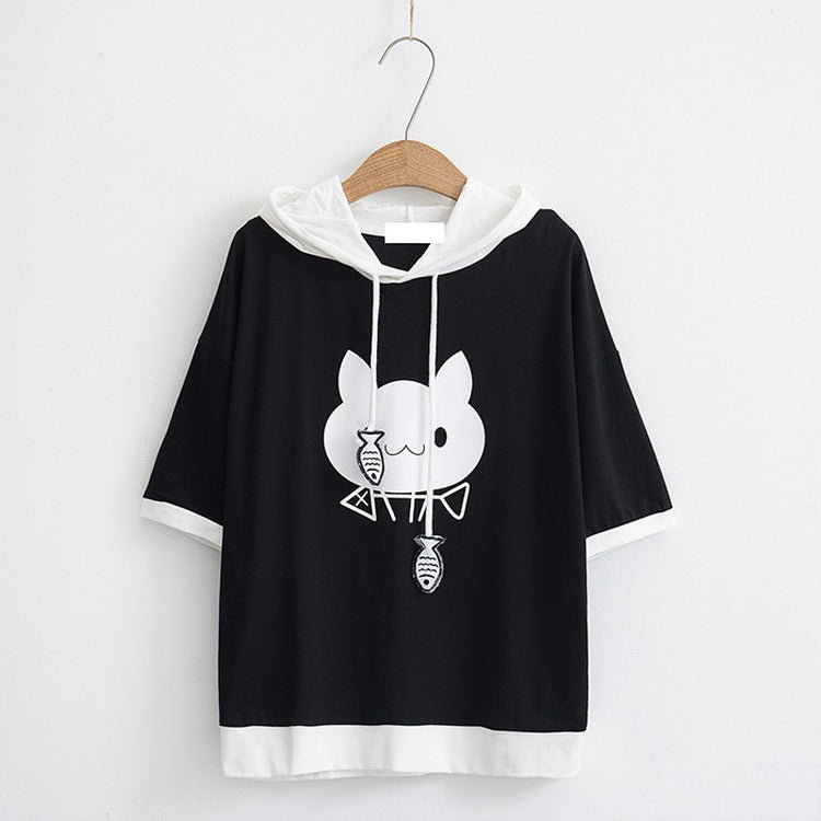 Kawaii Cartoon Kitty Cat Fish Drawstring Hooded T-Shirt