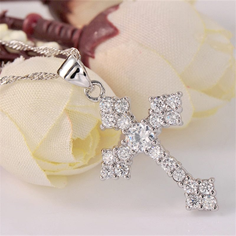 925 Silver Crystal Cross Pendant Necklace Meowhiskers
