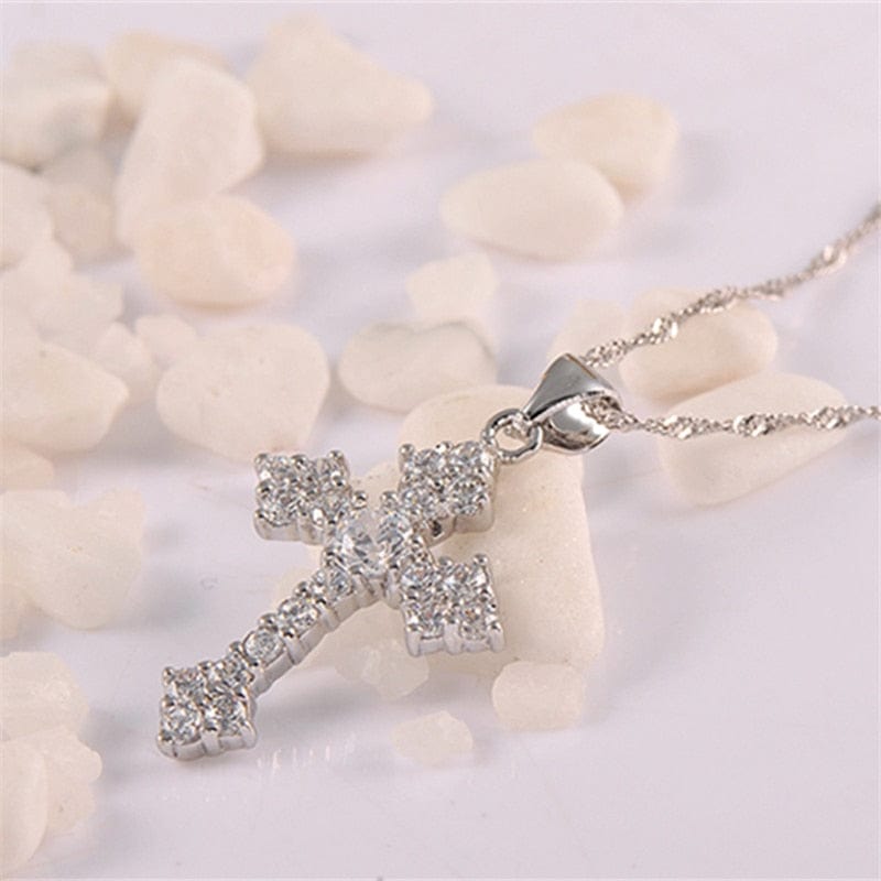 925 Silver Crystal Cross Pendant Necklace Meowhiskers