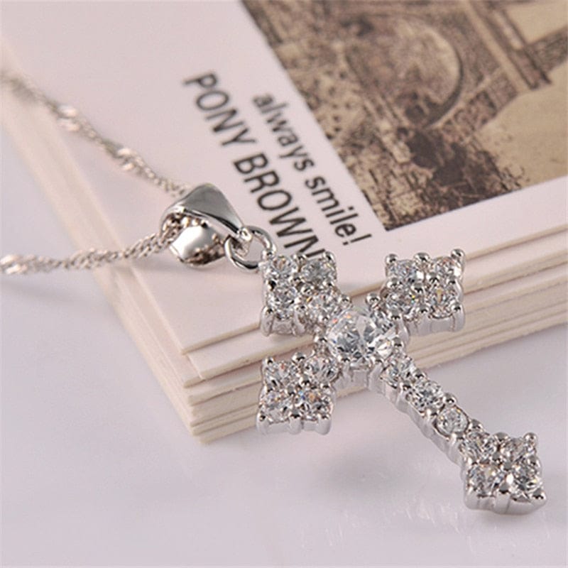 925 Silver Crystal Cross Pendant Necklace Meowhiskers