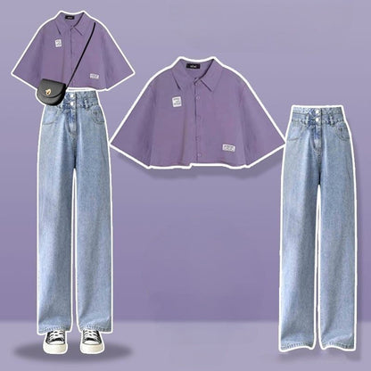 Preppy Shirt Letter Collar Uniform Irregular Lace Up Slip Dress Denim Pants Two Piece Set