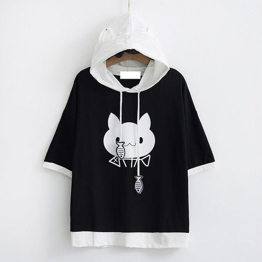 Kawaii Cartoon Kitty Cat Fish Drawstring Hooded T-Shirt
