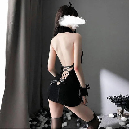 Hollow Out High Neck Halter Knit Backless Lingerie