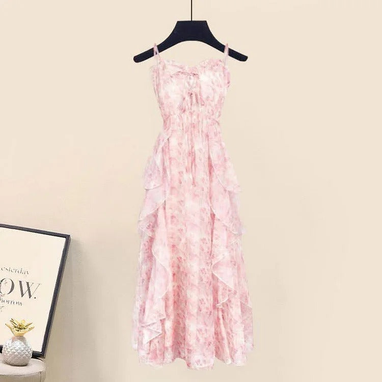 Chic Lace Up Cardigan Floral Print Slip Dress Two Piece Set