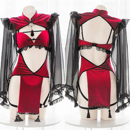 Sexy Hollow Out Tassel Silk Sleeve Cheongsam Lingerie Dress Set