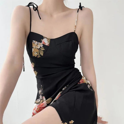 Chic Vintage Floral Print Lace Up Split Slip Dress