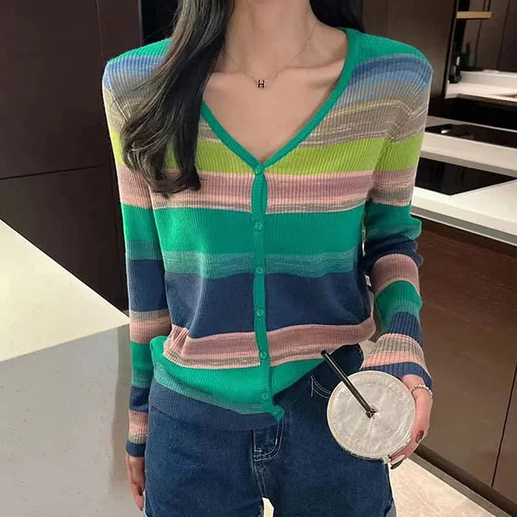 Chic V-Neck Rainbow Striped Colorblock Cardigan Shirt