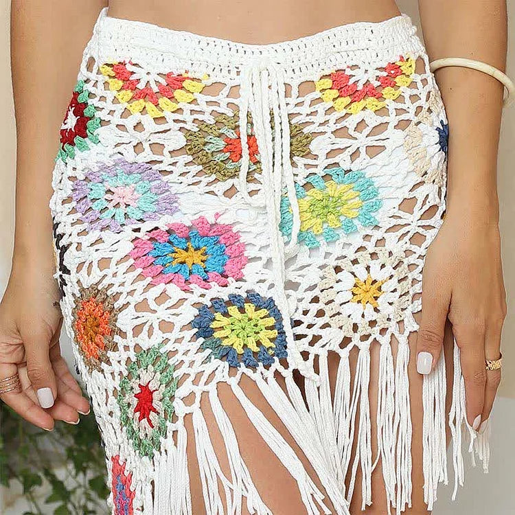Lace Up Hollow Out Crochet Top Fringed Skirt Two Piece Set