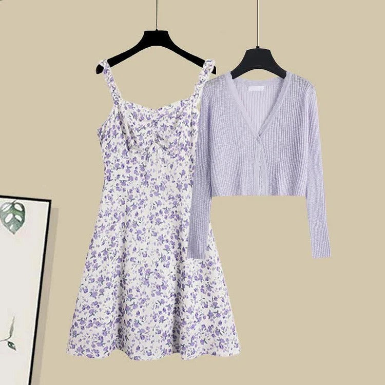 Chic V-Neck Cardigan Floral Print Slip Dress Two Piece Set