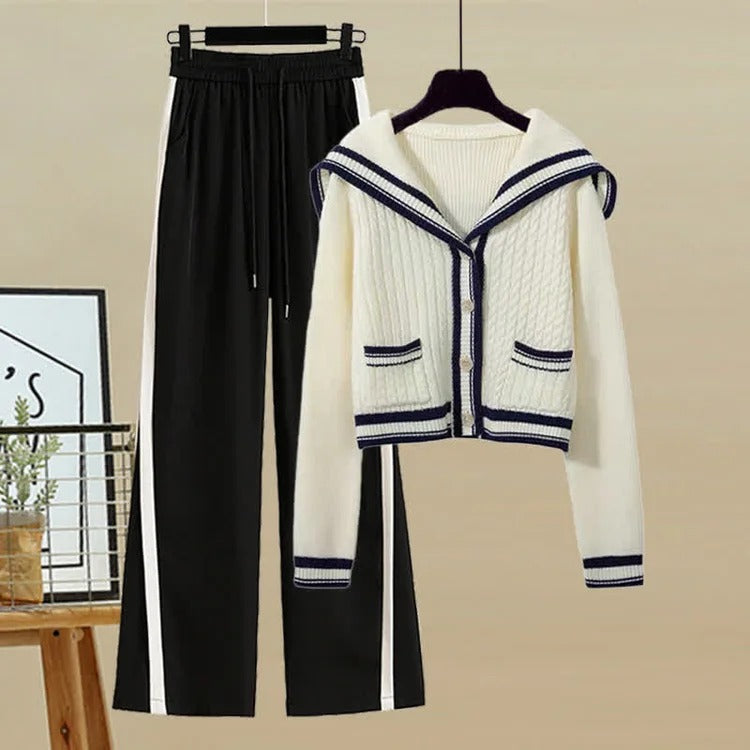 Sailor Collar Cardigan Sweater Casual Pants Pleated Skirt Two Piece Set