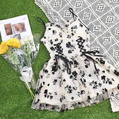 Vintage Floral Print Lace Up Slip Dress Cardigan Two Piece