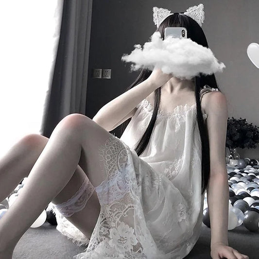 Lace Mesh Slip Dress Nightdress Stockings Lingerie Set