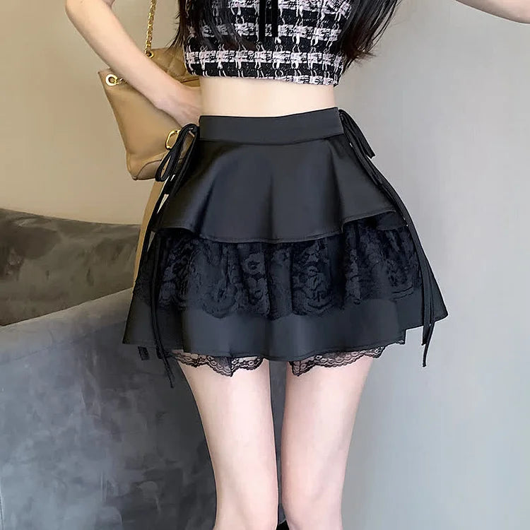 Chic High Waist Layered Lace Stitching Mini Skirt