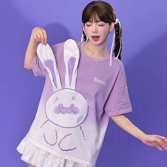 Cartoon Bunny Letter Print Colorblock Loose T-shirt