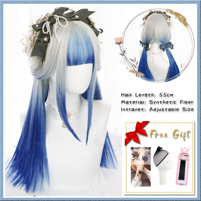 Lolita Blue & White Gradient Long Straight Wig With Bangs