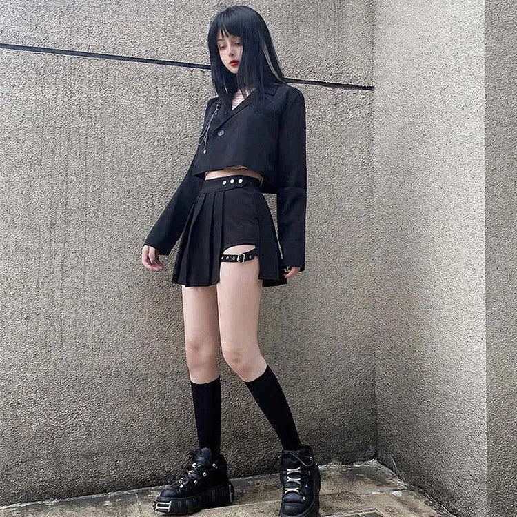 Dark Street Chain Crop Blazer Buckle Pleated Skirt