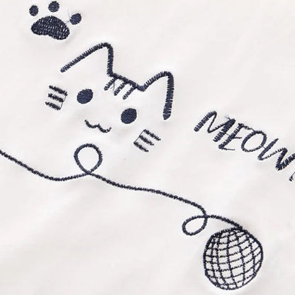 Cartoon Kitty Letter Print Lace Up Colorblock T-Shirt