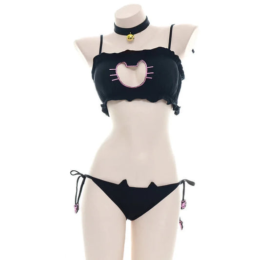 Cosplay Cute Kawaii Kitty Cat Embroidery Meow star Keyhole Hollow Bra And  Underwear Lingerie Set bra + G-string + Necklace