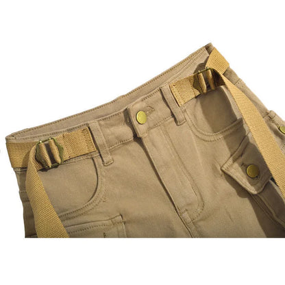 Chic High Waist Belted Cargo Pockets Denim Shorts