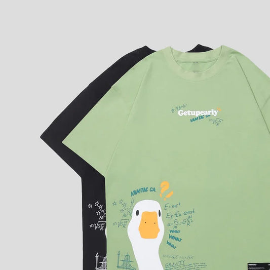 Cartoon Duck Formula Print Round Neck Loose T-Shirt
