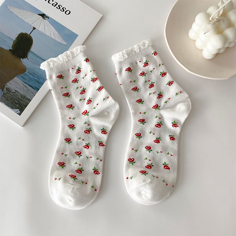 Kawaii Strawberry Flowers Cotton Socks