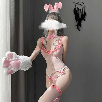 Sexy Cute Ruffle Rabbit Ears Bow Strap Stockings Lingerie