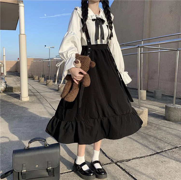 Lolita Doll Collar Bow Decor Shirt Suspender Skirt Set