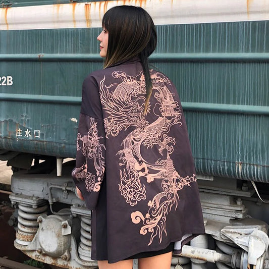 Vintage Dragon Print Kimono Outerwear