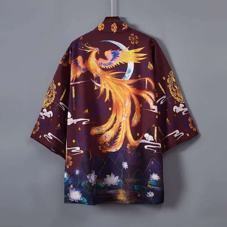 Vintage Phoenix Crane Print Cardigan Kimono Outerwear