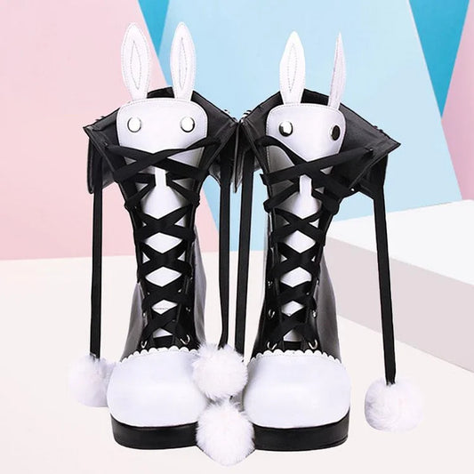 Lolita Bunny Ears Lace Up Fuzzy Ball Collar High Heel Boots