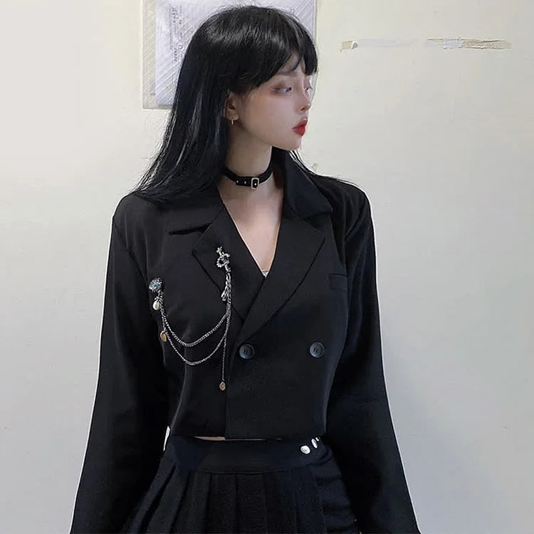 Dark Street Chain Crop Blazer Buckle Pleated Skirt