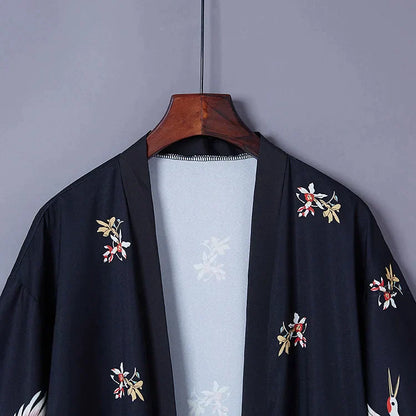 Vintage Crane Floral Print Cardigan Kimono Outerwear