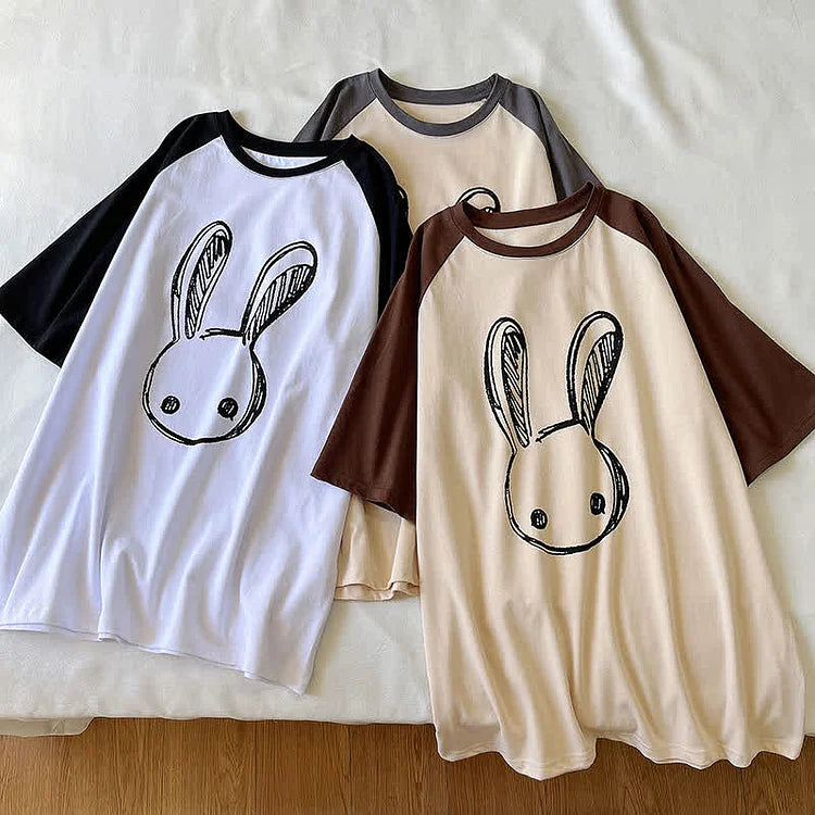 Cartoon Bunny Print Round Neck Colorblock T-Shirt