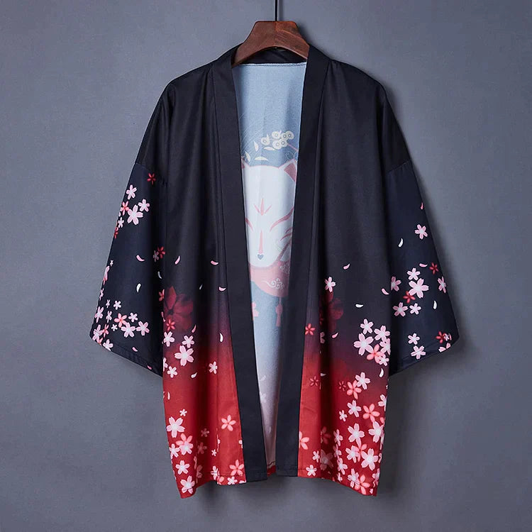 Vintage Sakura Fox Mask Lantern Kimono Outerwear
